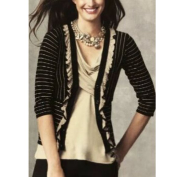 CAbi #276 The Flirt Black Beige Stripe Ruffle Cardigan Sweater - Picture 1 of 7